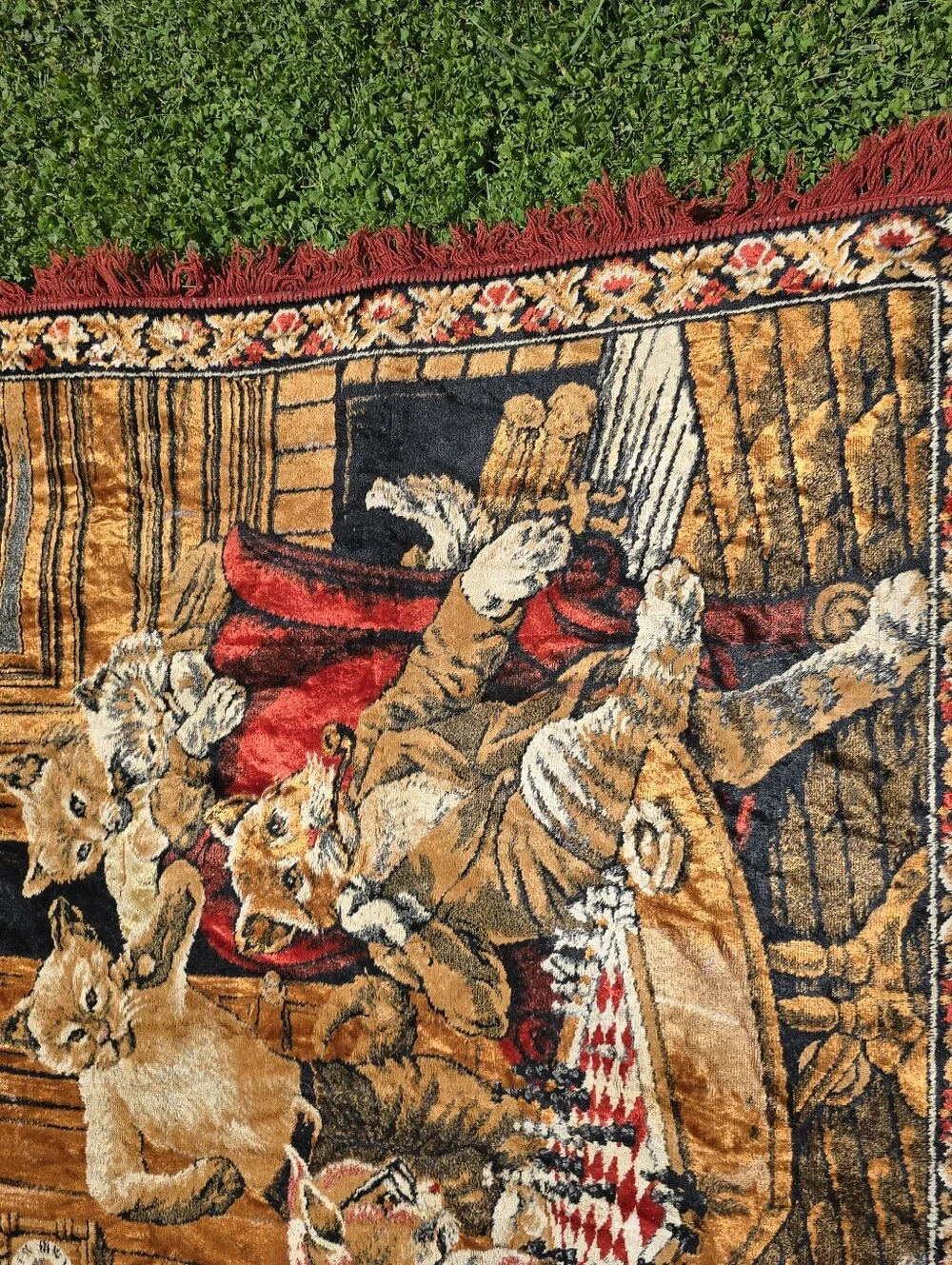 Vtg Anthropomorphic Cat Tapestry Wall Hanging Playing Chess Barware 48